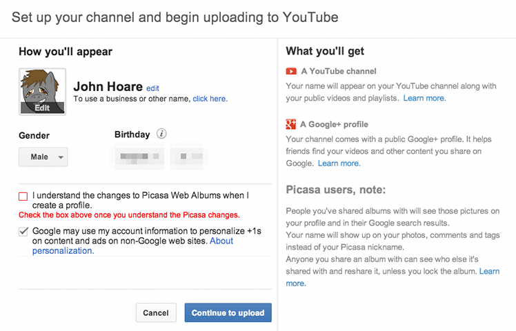 YouTube account creation with Google+ profile screenshot