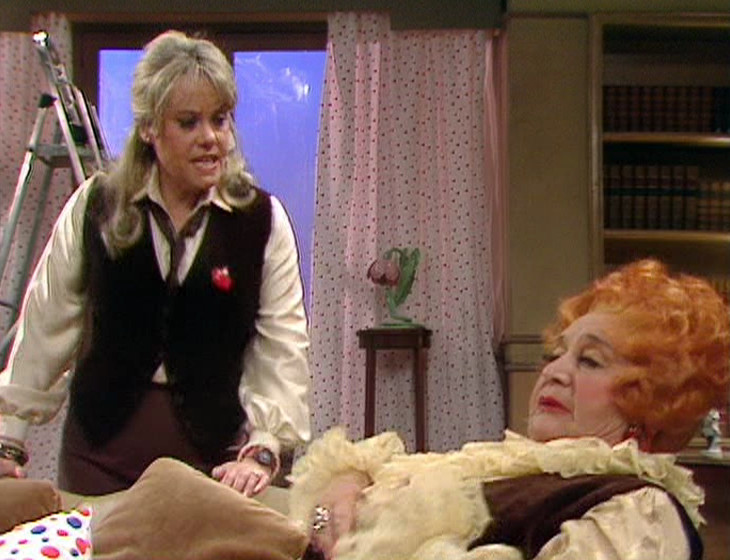 Miss Brahms and Mrs. Slocombe in an apartment