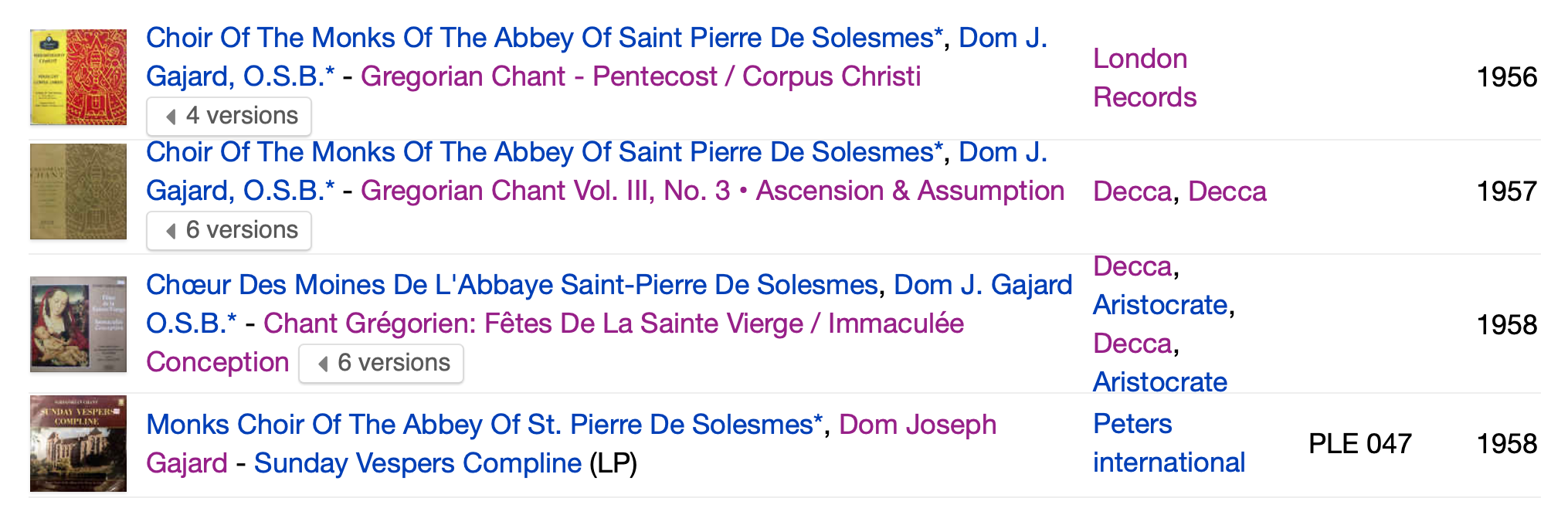 Grab of Discogs showing loads of Gregorian Chant releases