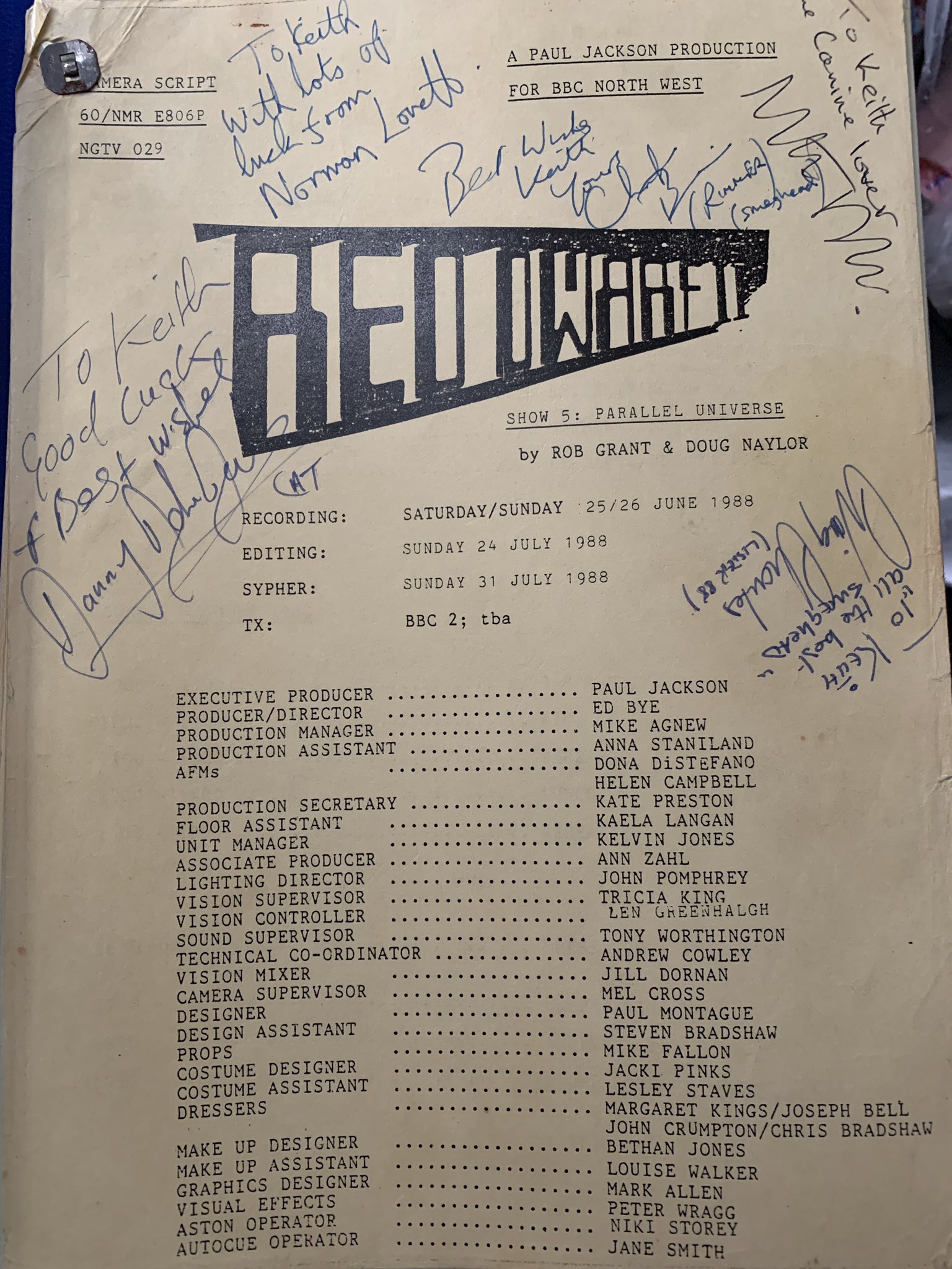 Front page of Parallel Universe script, signed