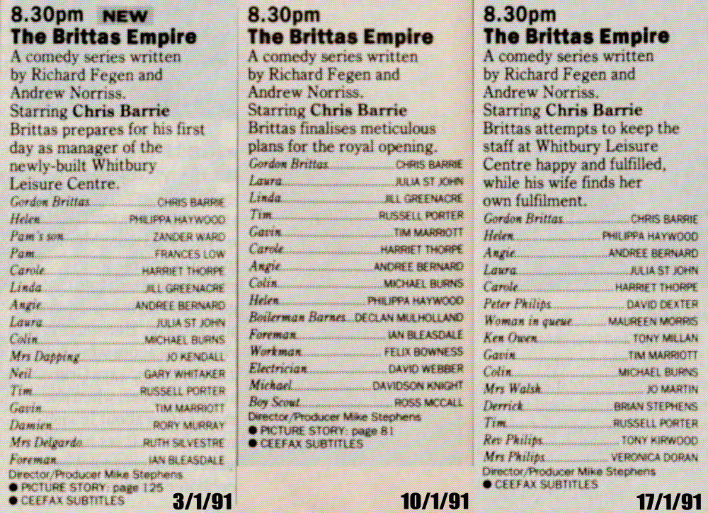 Radio Times capsules for The Brittas Empire, 3rd Jan 1991, 10 Jan 1991, and 17th Jan 1991