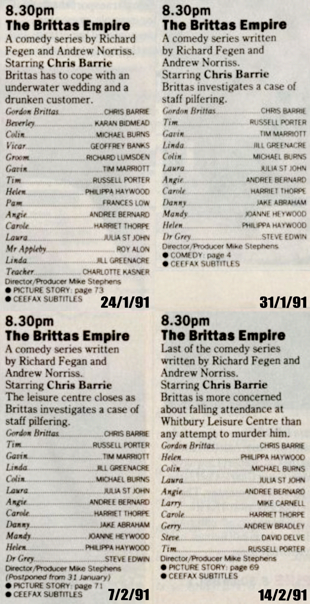 Radio Times capsules for The Brittas Empire, 24th Jan 1991, 31st Jan 1991, 7th Feb 1991, and 14th Feb 1991