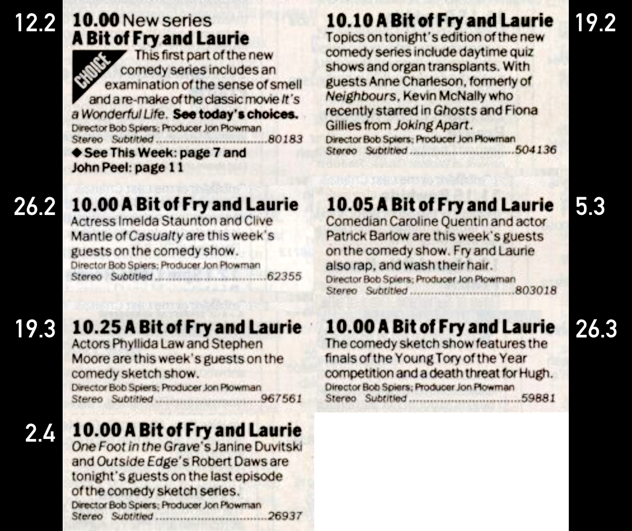 Fry and Laurie Radio Times listings for Series 4 - don't worry, all the relevant information here is repeated in the body text