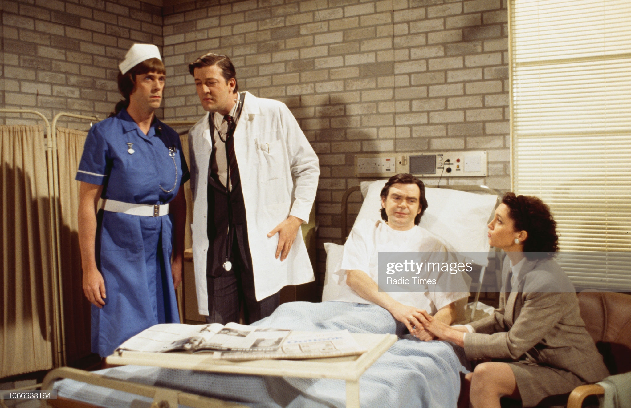 Comic actors (L-R) Hugh Laurie, Stephen Fry, Kevin McNally and Fiona Gillies in a hospital sketch from the BBC television series 'A Bit of Fry and Laurie', March 22nd 1994. (Photo by Don Smith/Radio Times/Getty Images
