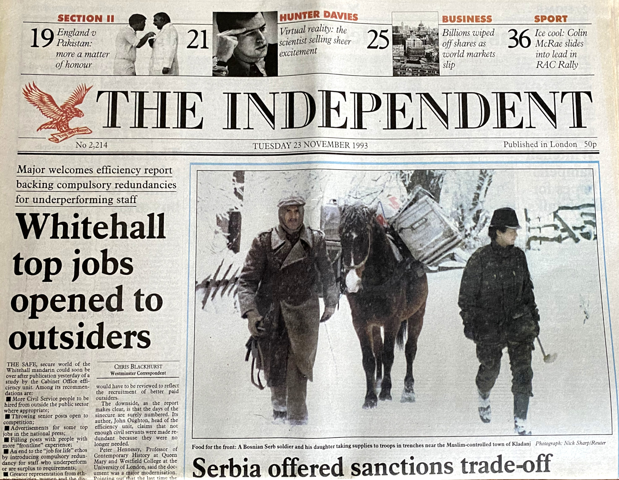 Front page of The Independent 23/11/93 - top headline Whitehall top jobs opened to outsiders