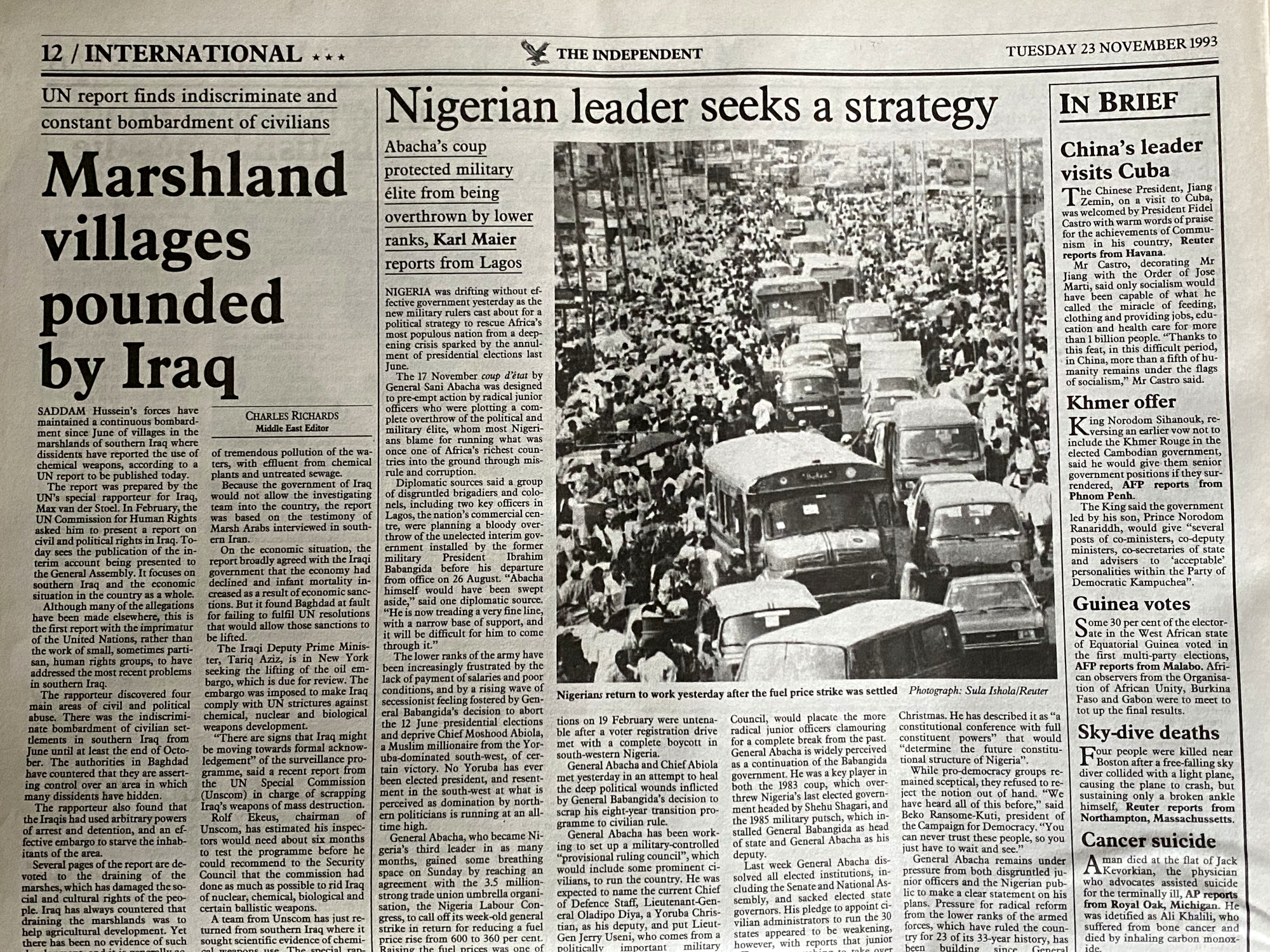 The Independent, 23rd November 1993: headline Nigerian leader seeks a strategy