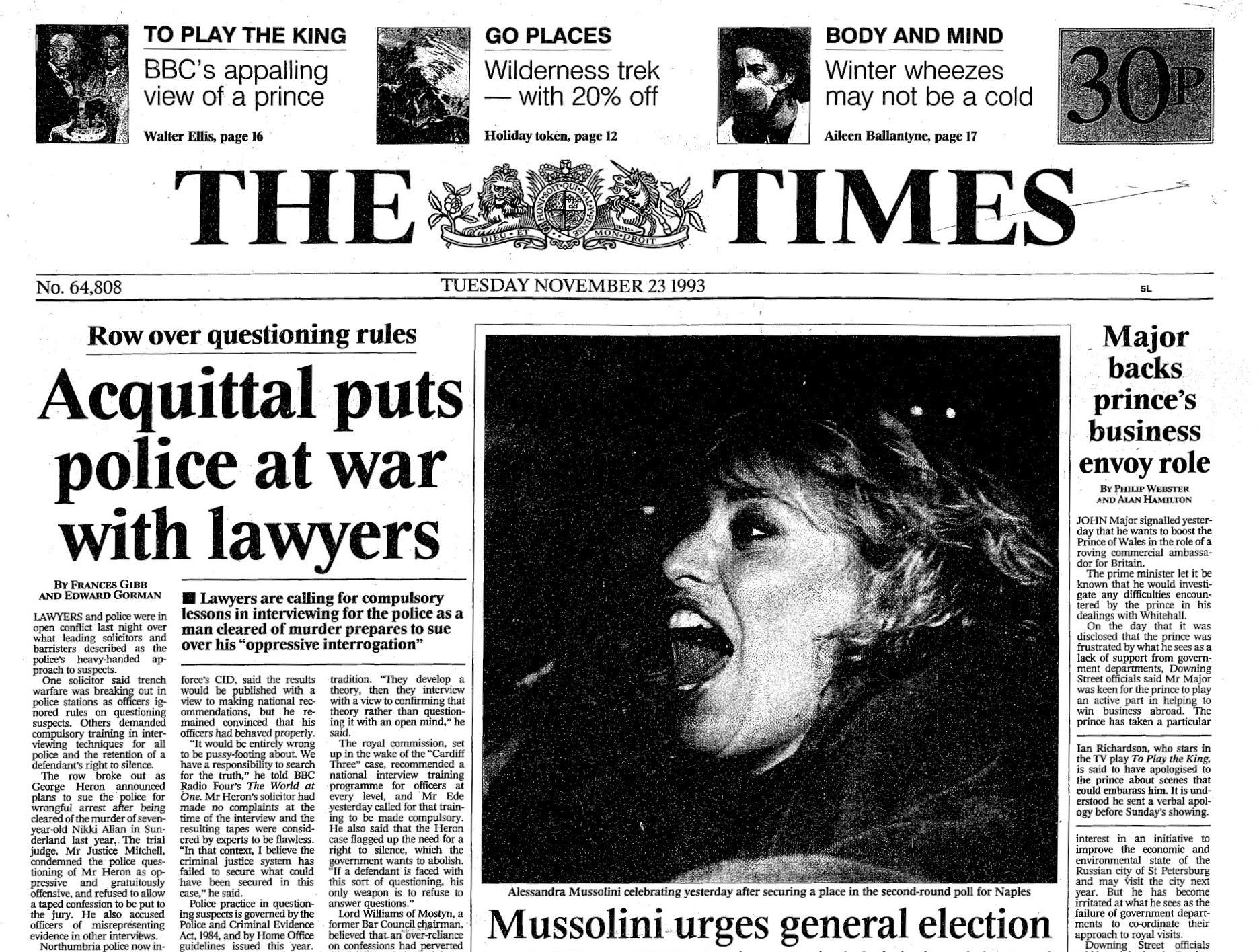Front page of The Times 23/11/93 - top headline Acquittal puts police at war with lawyers 