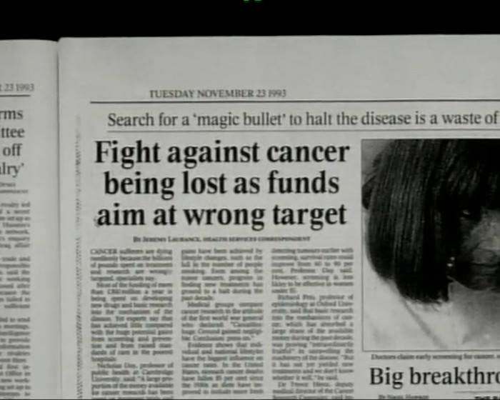 Newspaper - top headline: Fight against cancer being lost as funds aim at wrong target