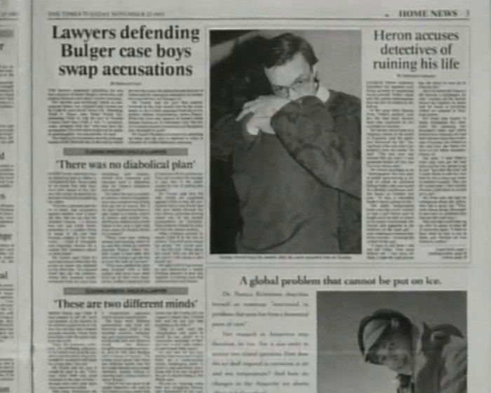 Newspaper - top headline: Lawyers defending Bulger case boys swap accusations
