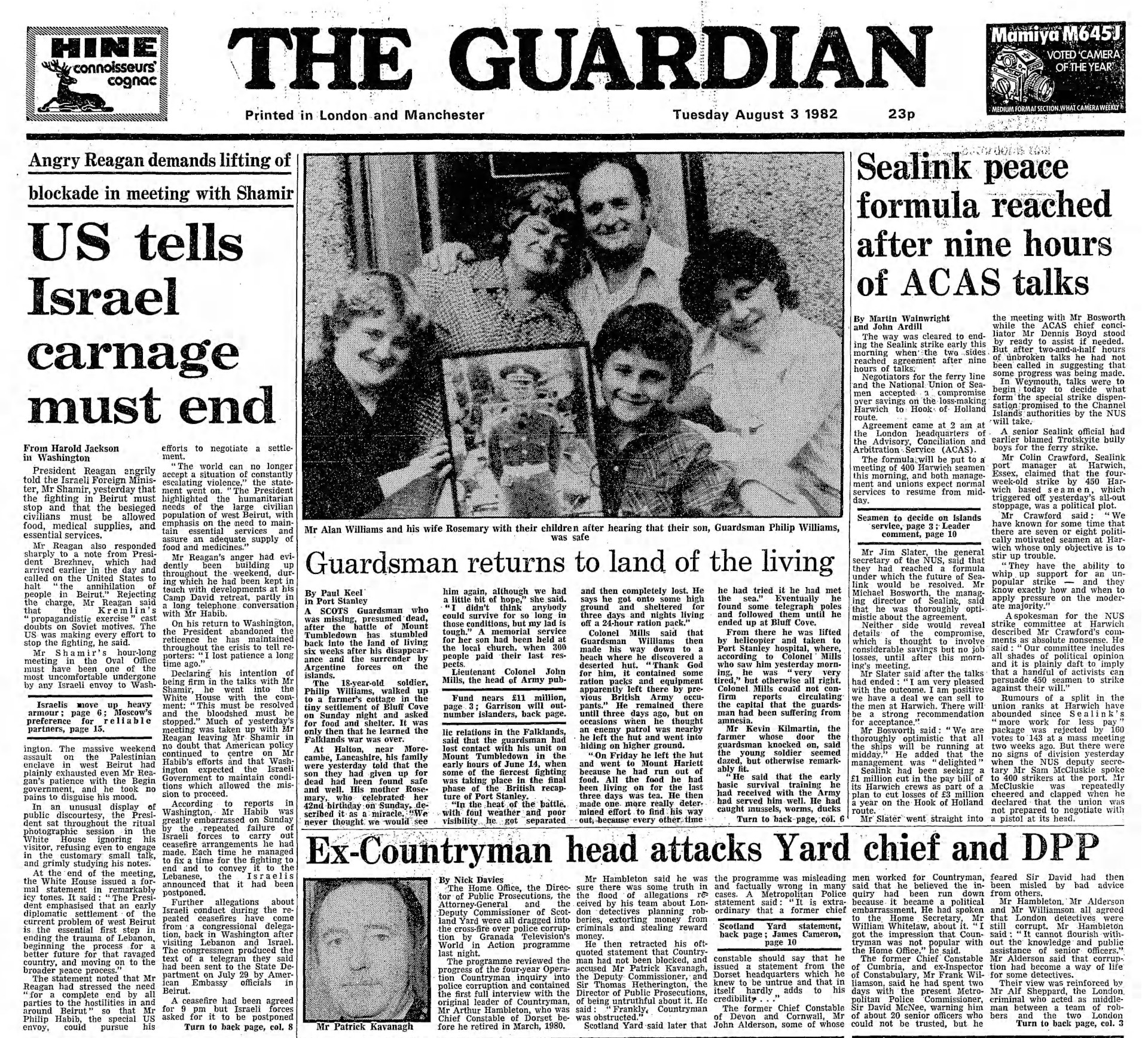 Full front page of The Guardian Tuesday August 3rd 1982