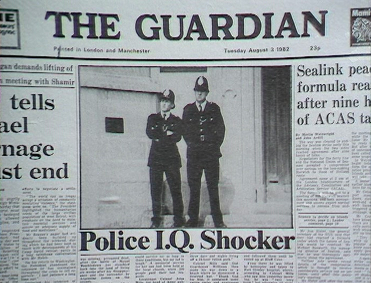 The Guardian newspaper - lead headline Police I.Q. Shocker