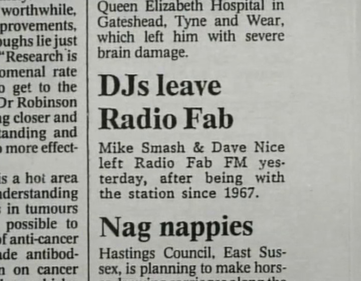 DJs leave Radio Fab. Mike Smash and Dave Nice left Radio Fab FM yesterday after being with the station since 1967.
