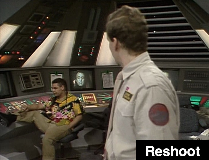 Rimmer and Lister in the Drive Room with Holly in vision