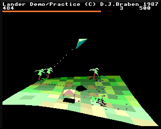 Lander gameplay, a craft flying over a landscape made of squares