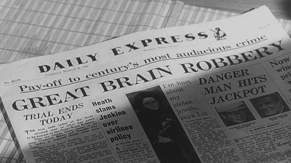 Daily Express as seen in The Big Job. Headline: GREAT BRAIN ROBBERY