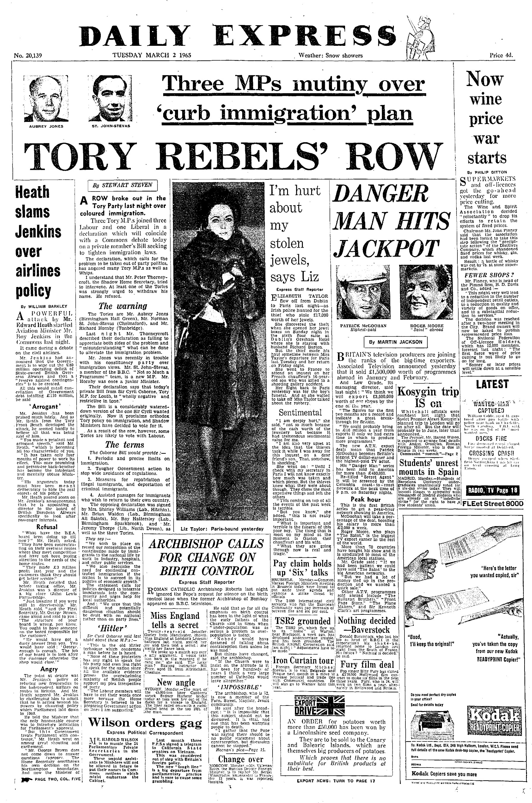 The real version of the Daily Express, with the headline now reading TORY REBELS' ROW. The date is Tuesday March 2nd 1965.