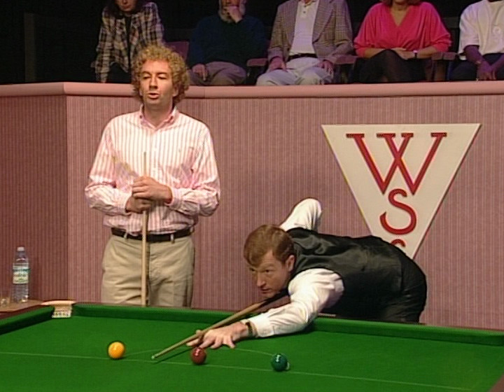 Simon Day in a snooker hall as Billy Bleach, with Steve Davis