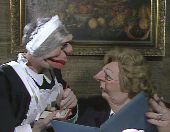 Margaret Thatcher's Spitting Image puppet, ordering food